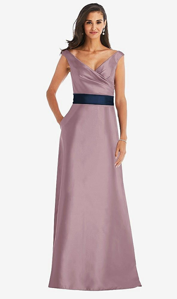 Front View - Dusty Rose & Midnight Navy Off-the-Shoulder Draped Wrap Satin Maxi Dress