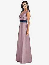 Side View Thumbnail - Dusty Rose & Midnight Navy Off-the-Shoulder Draped Wrap Satin Maxi Dress