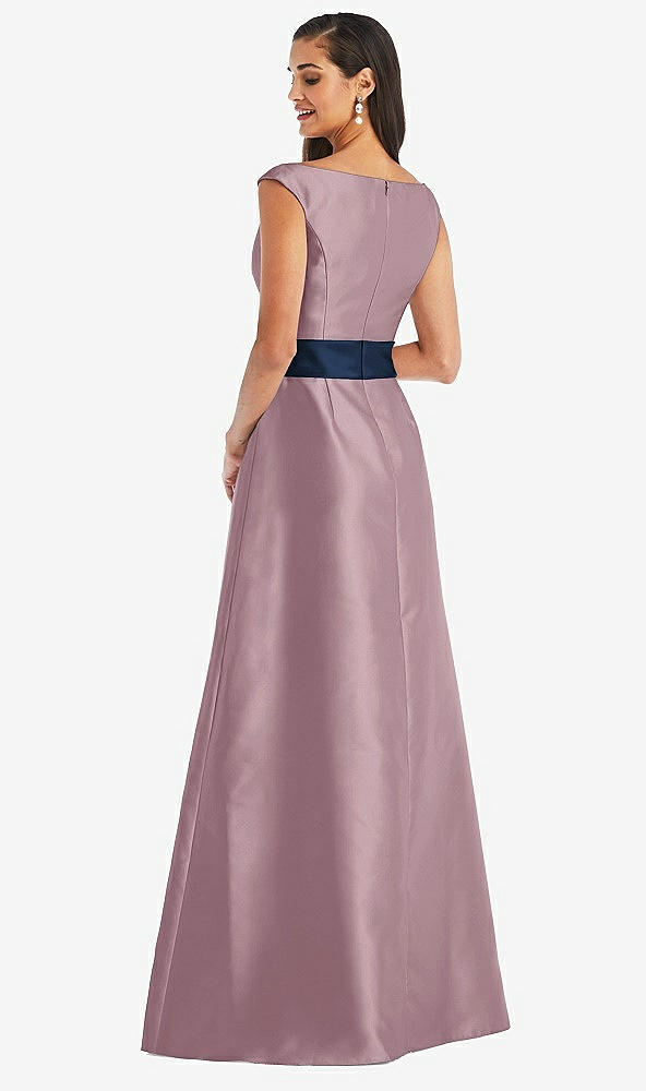Back View - Dusty Rose & Midnight Navy Off-the-Shoulder Draped Wrap Satin Maxi Dress