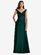 Front View Thumbnail - Evergreen & Midnight Navy Off-the-Shoulder Draped Wrap Satin Maxi Dress