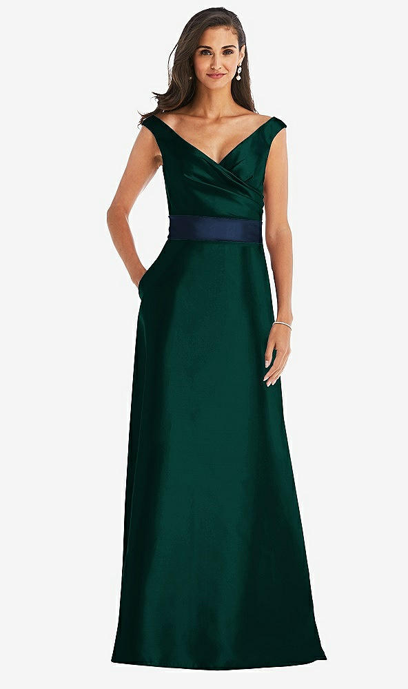 Front View - Evergreen & Midnight Navy Off-the-Shoulder Draped Wrap Satin Maxi Dress