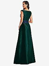 Rear View Thumbnail - Evergreen & Midnight Navy Off-the-Shoulder Draped Wrap Satin Maxi Dress