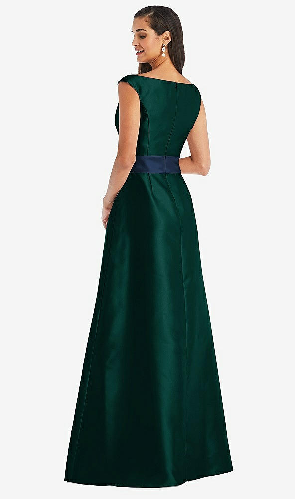 Back View - Evergreen & Midnight Navy Off-the-Shoulder Draped Wrap Satin Maxi Dress