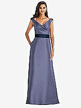 Front View Thumbnail - French Blue & Midnight Navy Off-the-Shoulder Draped Wrap Satin Maxi Dress