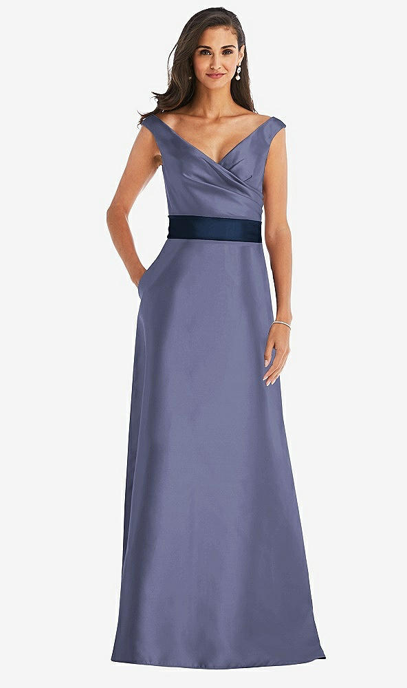 Front View - French Blue & Midnight Navy Off-the-Shoulder Draped Wrap Satin Maxi Dress