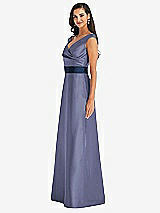Side View Thumbnail - French Blue & Midnight Navy Off-the-Shoulder Draped Wrap Satin Maxi Dress