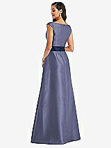 Rear View Thumbnail - French Blue & Midnight Navy Off-the-Shoulder Draped Wrap Satin Maxi Dress