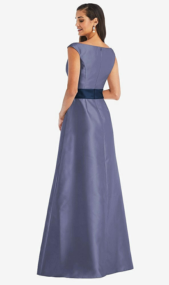 Back View - French Blue & Midnight Navy Off-the-Shoulder Draped Wrap Satin Maxi Dress
