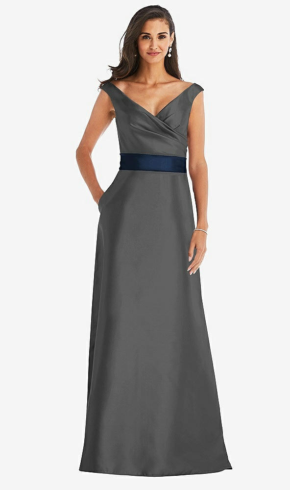 Front View - Gunmetal & Midnight Navy Off-the-Shoulder Draped Wrap Satin Maxi Dress