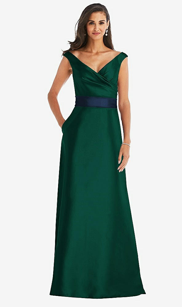 Front View - Hunter Green & Midnight Navy Off-the-Shoulder Draped Wrap Satin Maxi Dress