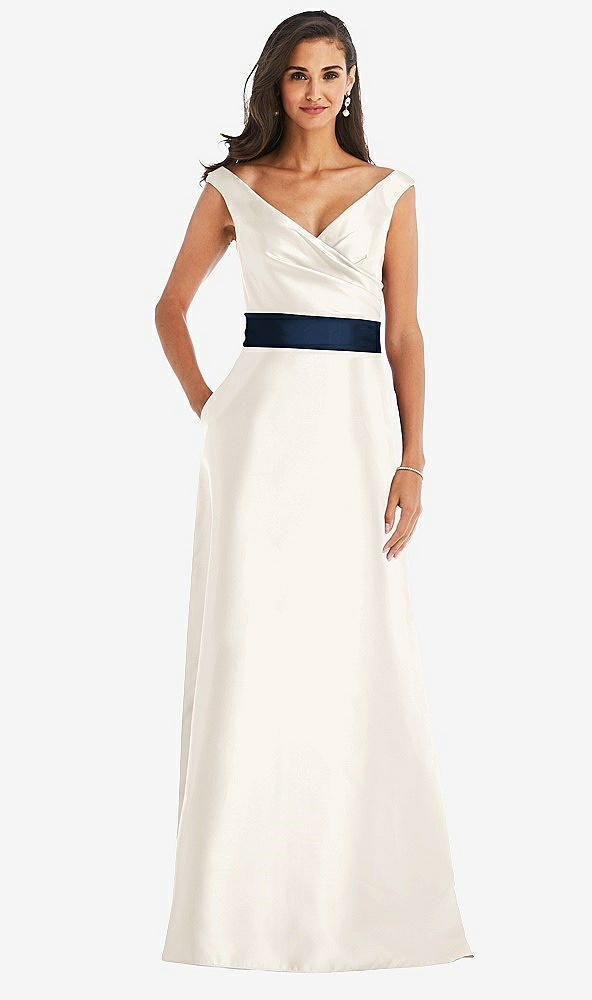 Front View - Ivory & Midnight Navy Off-the-Shoulder Draped Wrap Satin Maxi Dress