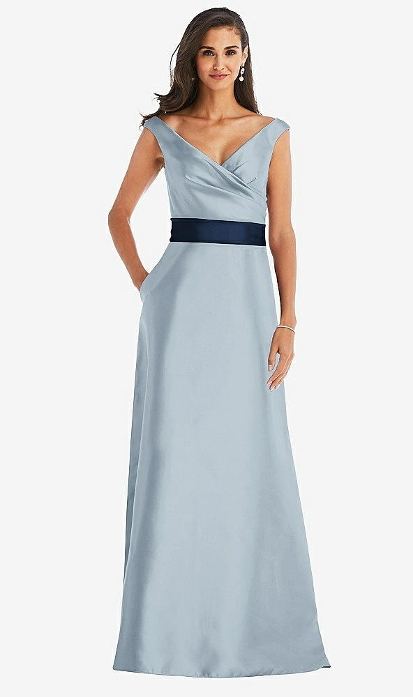 Front View - Mist & Midnight Navy Off-the-Shoulder Draped Wrap Satin Maxi Dress