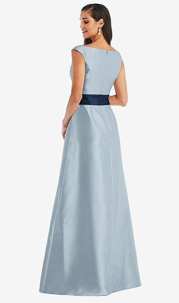 Back View - Mist & Midnight Navy Off-the-Shoulder Draped Wrap Satin Maxi Dress