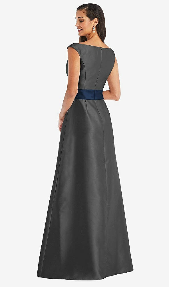 Back View - Pewter & Midnight Navy Off-the-Shoulder Draped Wrap Satin Maxi Dress