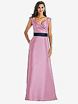 Front View Thumbnail - Powder Pink & Midnight Navy Off-the-Shoulder Draped Wrap Satin Maxi Dress