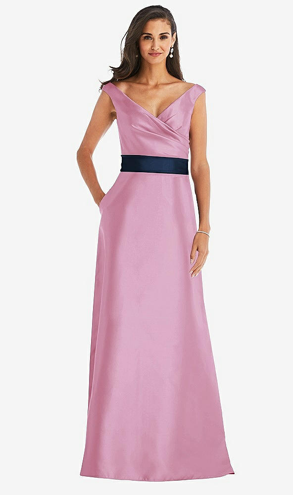 Front View - Powder Pink & Midnight Navy Off-the-Shoulder Draped Wrap Satin Maxi Dress