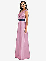 Side View Thumbnail - Powder Pink & Midnight Navy Off-the-Shoulder Draped Wrap Satin Maxi Dress