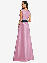 Rear View Thumbnail - Powder Pink & Midnight Navy Off-the-Shoulder Draped Wrap Satin Maxi Dress
