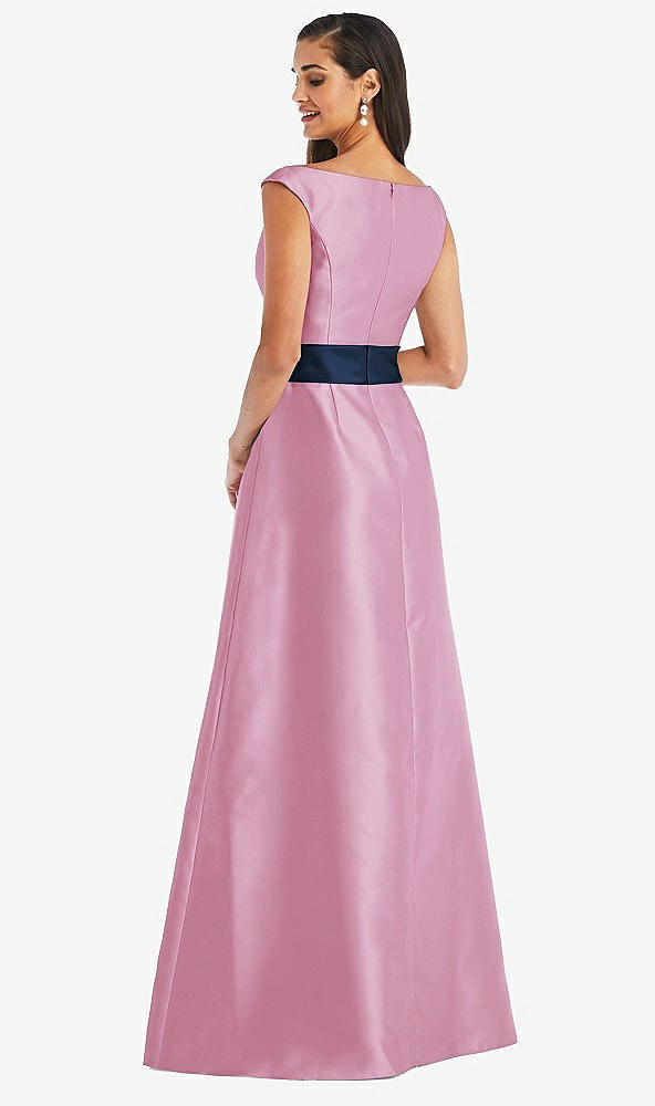 Back View - Powder Pink & Midnight Navy Off-the-Shoulder Draped Wrap Satin Maxi Dress