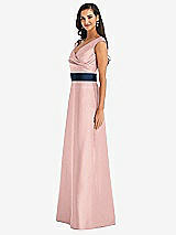 Side View Thumbnail - Rose - PANTONE Rose Quartz & Midnight Navy Off-the-Shoulder Draped Wrap Satin Maxi Dress
