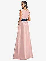 Rear View Thumbnail - Rose - PANTONE Rose Quartz & Midnight Navy Off-the-Shoulder Draped Wrap Satin Maxi Dress