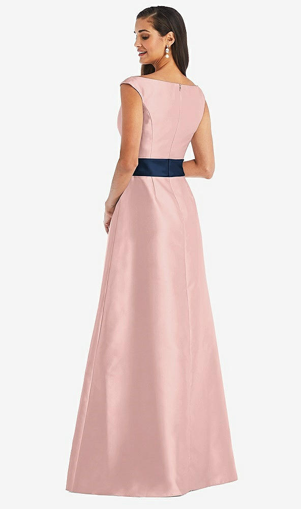Back View - Rose - PANTONE Rose Quartz & Midnight Navy Off-the-Shoulder Draped Wrap Satin Maxi Dress