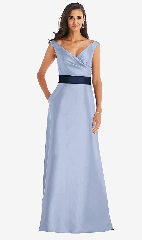 Front View - Sky Blue & Midnight Navy Off-the-Shoulder Draped Wrap Satin Maxi Dress