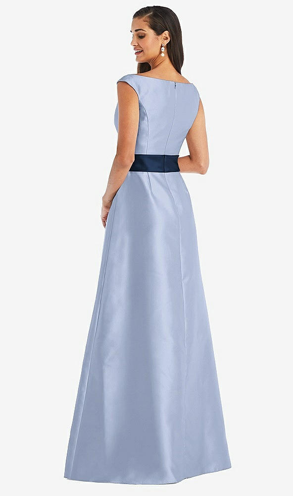 Back View - Sky Blue & Midnight Navy Off-the-Shoulder Draped Wrap Satin Maxi Dress