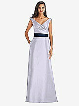 Front View Thumbnail - Silver Dove & Midnight Navy Off-the-Shoulder Draped Wrap Satin Maxi Dress