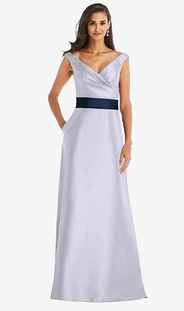 Front View - Silver Dove & Midnight Navy Off-the-Shoulder Draped Wrap Satin Maxi Dress