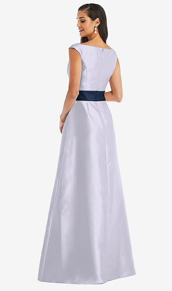 Back View - Silver Dove & Midnight Navy Off-the-Shoulder Draped Wrap Satin Maxi Dress
