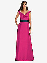 Front View Thumbnail - Think Pink & Midnight Navy Off-the-Shoulder Draped Wrap Satin Maxi Dress