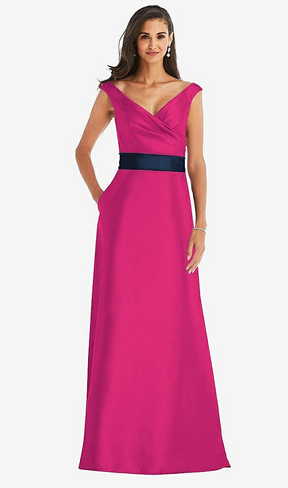 Front View - Think Pink & Midnight Navy Off-the-Shoulder Draped Wrap Satin Maxi Dress