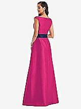 Rear View Thumbnail - Think Pink & Midnight Navy Off-the-Shoulder Draped Wrap Satin Maxi Dress