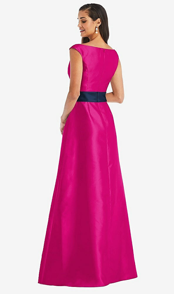 Back View - Think Pink & Midnight Navy Off-the-Shoulder Draped Wrap Satin Maxi Dress