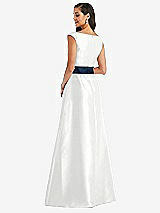 Rear View Thumbnail - White & Midnight Navy Off-the-Shoulder Draped Wrap Satin Maxi Dress