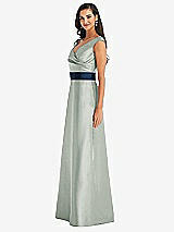 Side View Thumbnail - Willow Green & Midnight Navy Off-the-Shoulder Draped Wrap Satin Maxi Dress