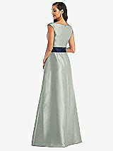 Rear View Thumbnail - Willow Green & Midnight Navy Off-the-Shoulder Draped Wrap Satin Maxi Dress