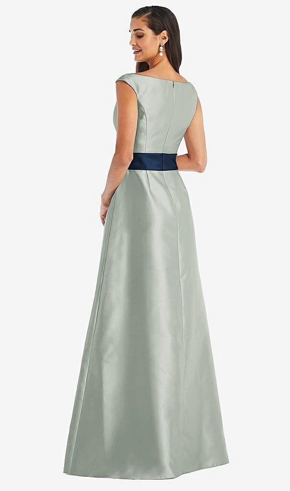 Back View - Willow Green & Midnight Navy Off-the-Shoulder Draped Wrap Satin Maxi Dress