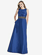 Front View Thumbnail - Classic Blue & Caviar Gray High-Neck Asymmetrical Shirred Satin Maxi Dress with Pockets