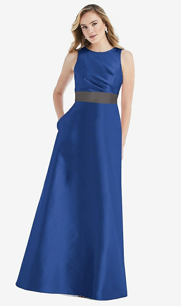 Front View - Classic Blue & Caviar Gray High-Neck Asymmetrical Shirred Satin Maxi Dress with Pockets
