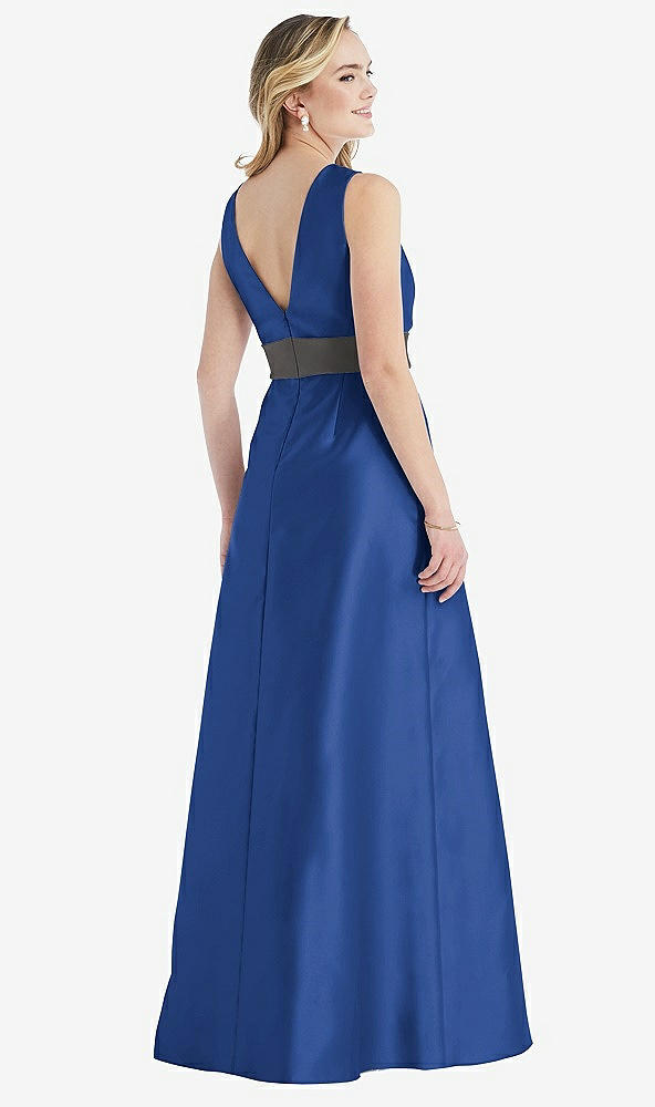 Back View - Classic Blue & Caviar Gray High-Neck Asymmetrical Shirred Satin Maxi Dress with Pockets