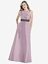 Front View Thumbnail - Suede Rose & Caviar Gray High-Neck Asymmetrical Shirred Satin Maxi Dress with Pockets