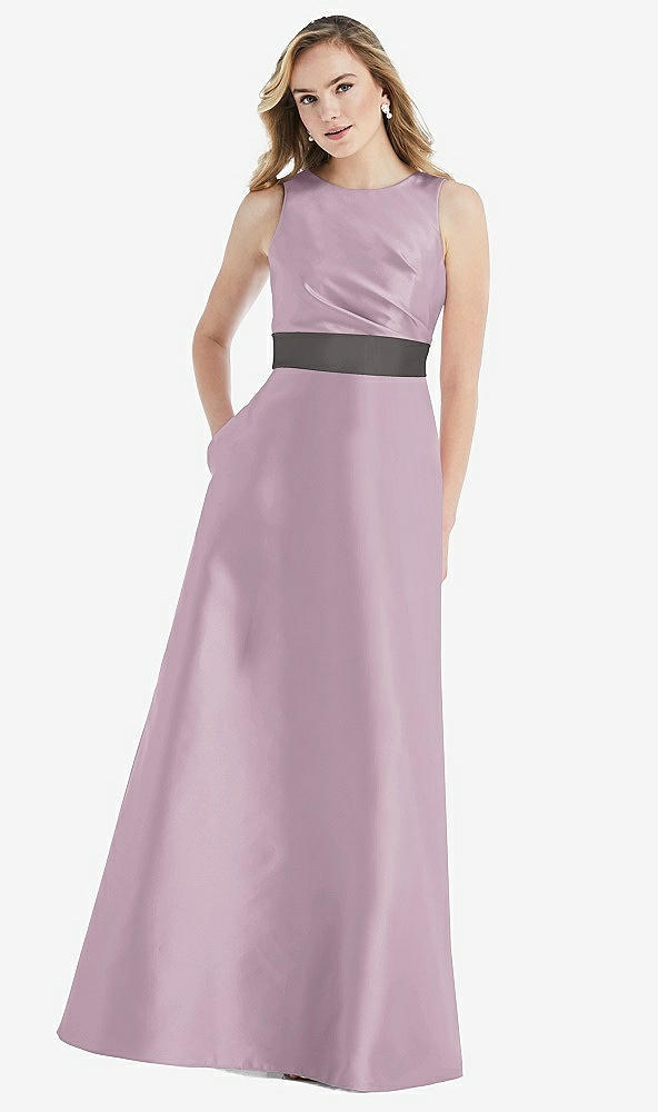 Front View - Suede Rose & Caviar Gray High-Neck Asymmetrical Shirred Satin Maxi Dress with Pockets