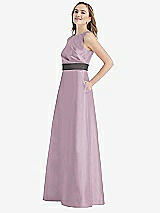Side View Thumbnail - Suede Rose & Caviar Gray High-Neck Asymmetrical Shirred Satin Maxi Dress with Pockets