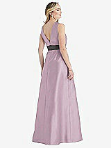 Rear View Thumbnail - Suede Rose & Caviar Gray High-Neck Asymmetrical Shirred Satin Maxi Dress with Pockets