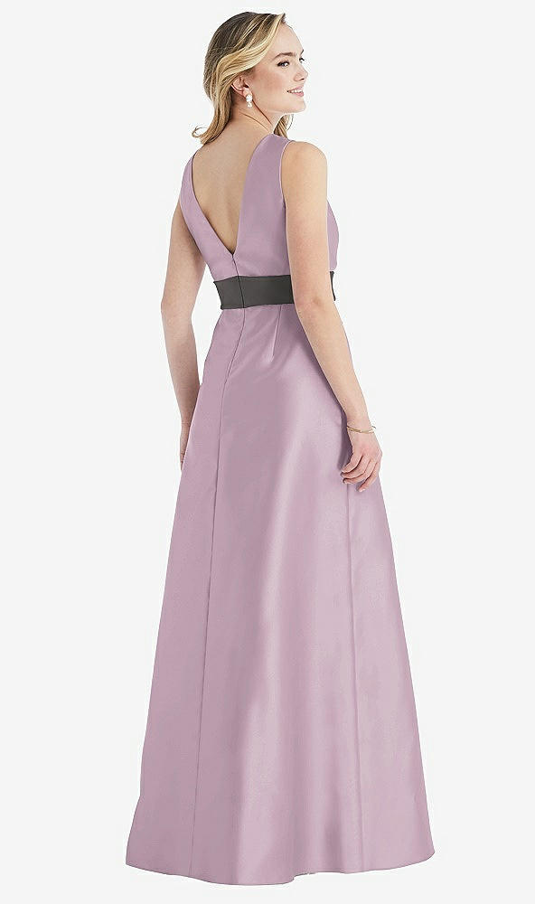 Back View - Suede Rose & Caviar Gray High-Neck Asymmetrical Shirred Satin Maxi Dress with Pockets