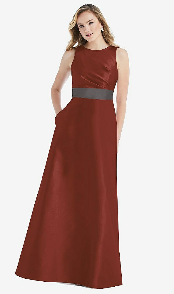 Front View - Auburn Moon & Caviar Gray High-Neck Asymmetrical Shirred Satin Maxi Dress with Pockets