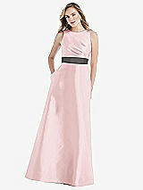 Front View Thumbnail - Ballet Pink & Caviar Gray High-Neck Asymmetrical Shirred Satin Maxi Dress with Pockets