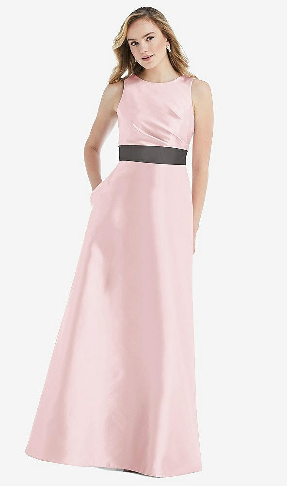 Front View - Ballet Pink & Caviar Gray High-Neck Asymmetrical Shirred Satin Maxi Dress with Pockets
